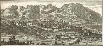 Old print of Belluno, the capital of the province of Belluno in 1750 by Thomas Salmon.jpg